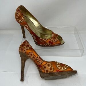 Casadei Sz 9.5 Peep Orange Silk Peep toe High Heel Pumps Stiletto Shoes